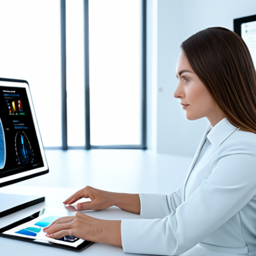 Home 15 A professional woman, fully clothed in a modest, modern business dress, sitting at a minimalist desk. She is looking at a transparent tablet screen displaying a sophisticated AI-powered personalized beauty assessment, with abstract data visualizations and genetic analysis graphics. The background is a clean, bright, futuristic laboratory or clinic interior. Perfect anatomy, natural body proportions, well-formed hands, proper finger count, natural pose, safe for work, appropriate content, professional, high-resolution, studio lighting, detailed, correct proportions.