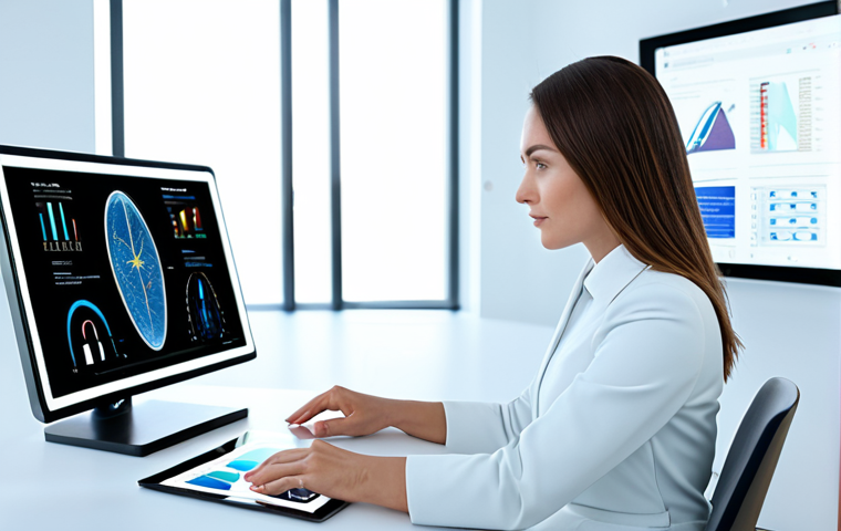 A professional woman, fully clothed in a modest, modern business dress, sitting at a minimalist desk. She is looking at a transparent tablet screen displaying a sophisticated AI-powered personalized beauty assessment, with abstract data visualizations and genetic analysis graphics. The background is a clean, bright, futuristic laboratory or clinic interior. Perfect anatomy, natural body proportions, well-formed hands, proper finger count, natural pose, safe for work, appropriate content, professional, high-resolution, studio lighting, detailed, correct proportions.