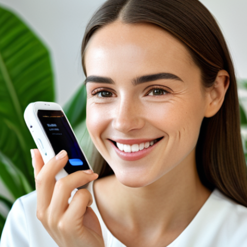 Home 14 Natural Beauty & Tech**
A radiant woman with perfect skin, smiling genuinely in a sunlit, plant-filled room. She's holding a smartphone displaying a skincare analysis app. She is fully clothed in modest, comfortable attire. Natural makeup, highlighting her features. Soft, diffused lighting. High-resolution, perfect anatomy, correct proportions, professional photography, safe for work, appropriate content, fully clothed, family-friendly.
**