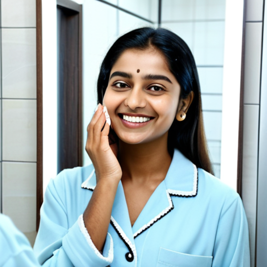 디지털 스킨케어 트렌드 - **Prompt:** A young Indian woman with clear skin, smiling confidently. She is in a modern bathroom, ...
