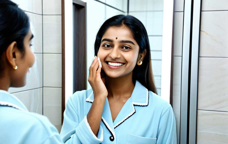 디지털 스킨케어 트렌드 - **Prompt:** A young Indian woman with clear skin, smiling confidently. She is in a modern bathroom, ...
