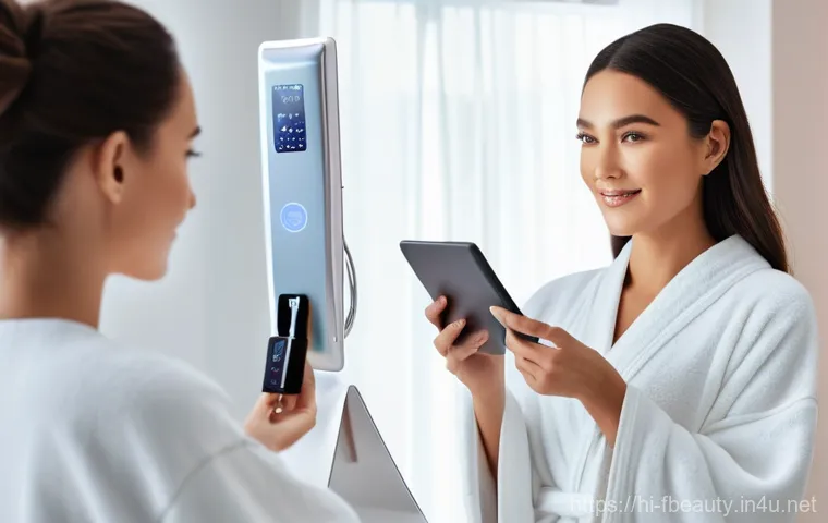 뷰티 디지털 솔루션 - **Prompt:** A smiling, fashion-conscious woman, in her late 20s, is looking intently at a tablet or ...