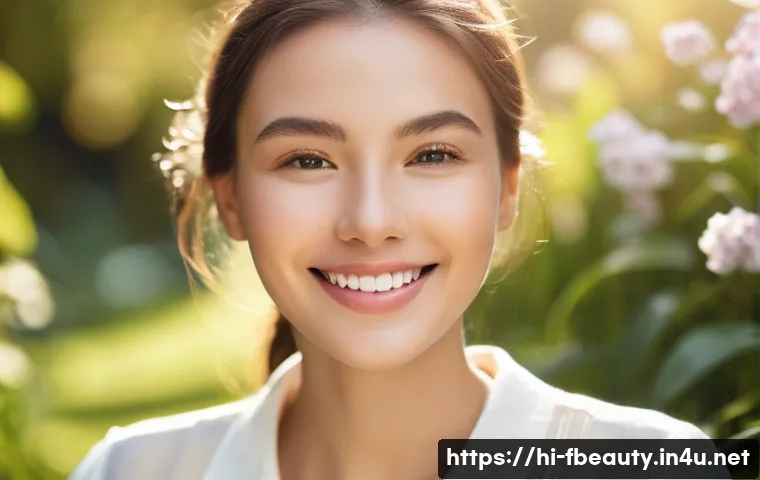 스마트화장품의 장점 - **Prompt:** A young woman with radiant, clear skin smiles gently at the camera. She is wearing a lig...