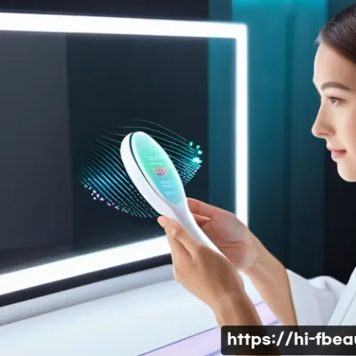 스마트 헤어케어 디바이스 - **Prompt:** A young woman with shoulder-length, lustrous brown hair is seated at a modern vanity tab...