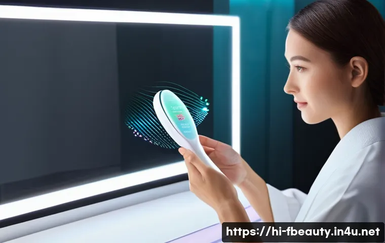 스마트 헤어케어 디바이스 - **Prompt:** A young woman with shoulder-length, lustrous brown hair is seated at a modern vanity tab...