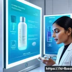 뷰티와 바이오 기술의 융합 - A futuristic biotechnology skincare laboratory scene showcasing advanced digital skin analysis techn...