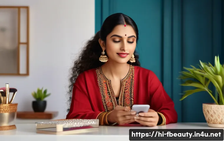 메타버스와 뷰티 - A modern, stylish Indian woman using a virtual makeup app on her smartphone, sitting comfortably at ...