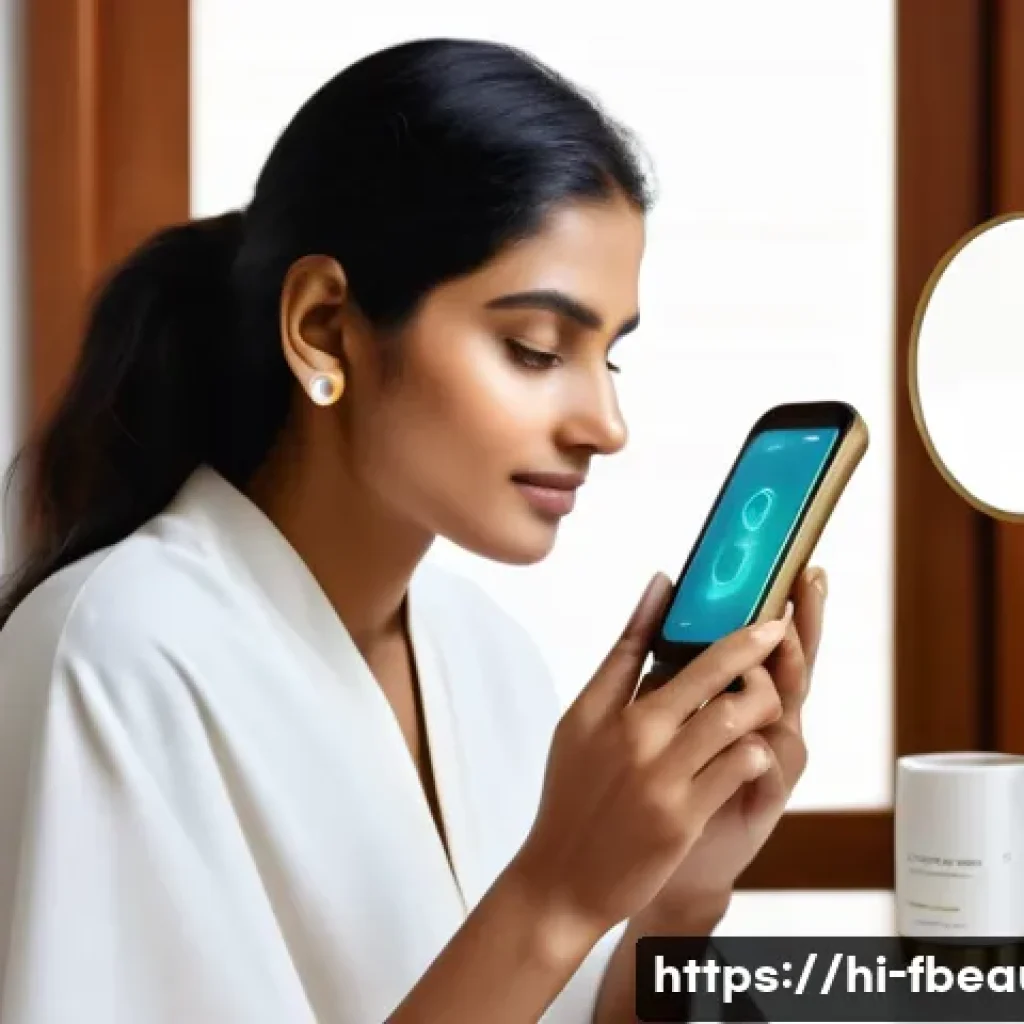 디지털 뷰티 제품의 혁신 - A modern Indian woman using an AI-based skin analyzer device at home, examining her face with a slee...