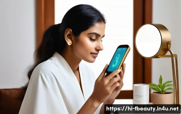 디지털 뷰티 제품의 혁신 - A modern Indian woman using an AI-based skin analyzer device at home, examining her face with a slee...