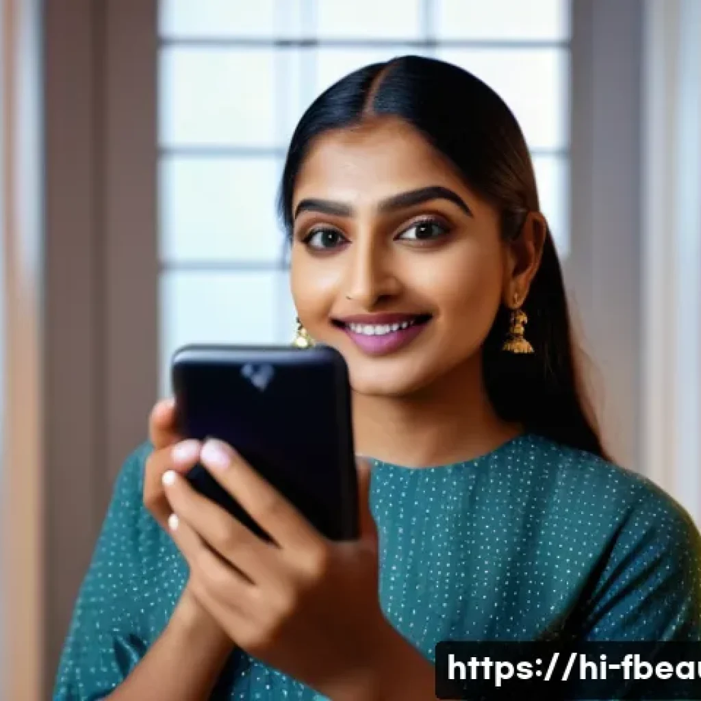 AR 뷰티 트렌드 - A young Indian woman using augmented reality makeup trial on her smartphone at home, natural dayligh...
