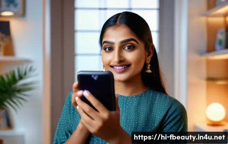 AR 뷰티 트렌드 - A young Indian woman using augmented reality makeup trial on her smartphone at home, natural dayligh...