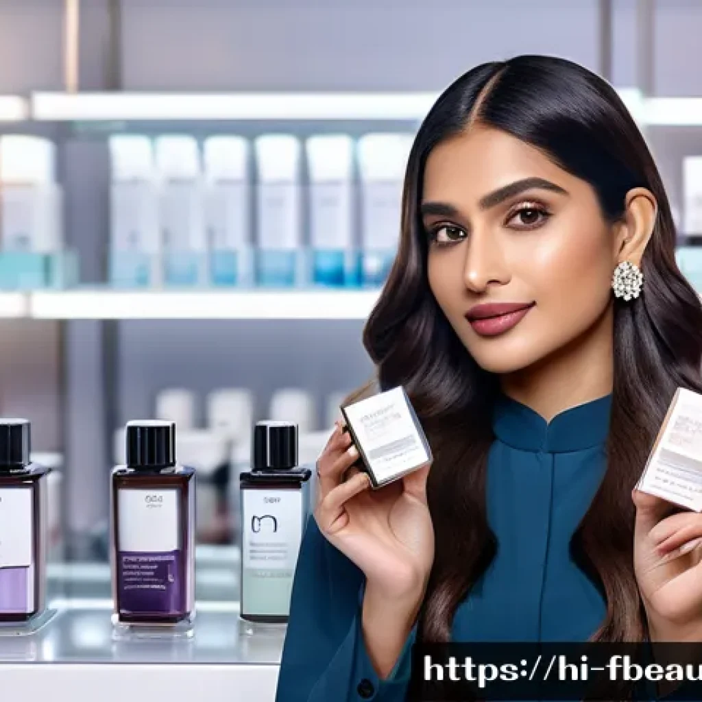 뷰티 산업의 블록체인 활용 - A modern beauty product packaging with a transparent holographic label showing a detailed blockchain...