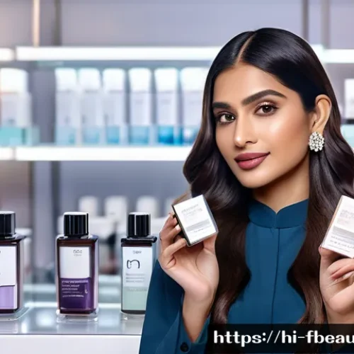 뷰티 산업의 블록체인 활용 - A modern beauty product packaging with a transparent holographic label showing a detailed blockchain...