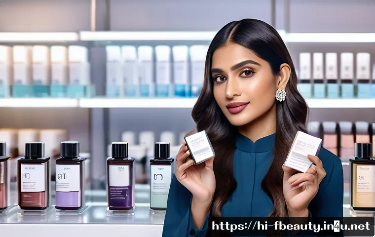 뷰티 산업의 블록체인 활용 - A modern beauty product packaging with a transparent holographic label showing a detailed blockchain...