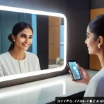 기술 기반 뷰티 패턴 - A modern, sleek smart mirror in a stylish vanity setup, displaying a realistic digital interface ana...
