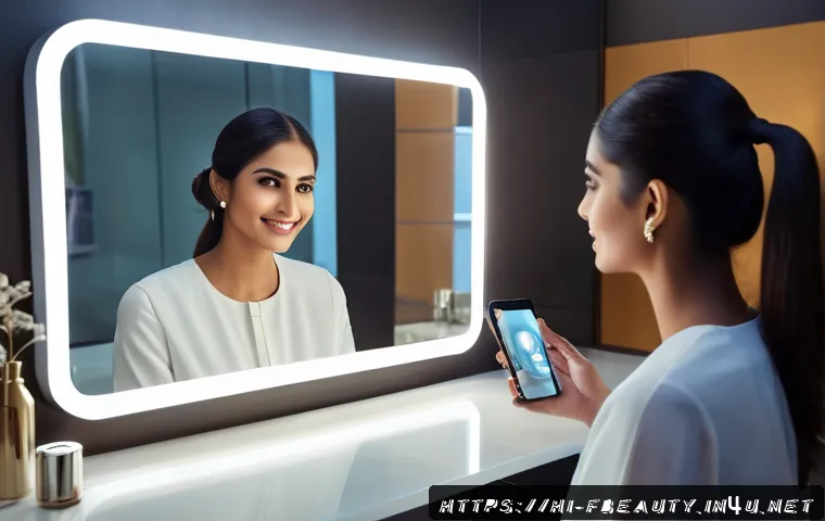 기술 기반 뷰티 패턴 - A modern, sleek smart mirror in a stylish vanity setup, displaying a realistic digital interface ana...