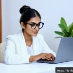 디지털 피부 건강 관리 - A modern Indian woman in her late 20s sitting at a desk with a laptop and smartphone, wearing stylis...