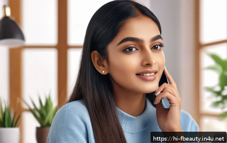 스마트 뷰티 플랫폼 - A modern digital beauty consultation scene featuring a young Indian woman with medium skin tone wear...