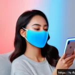 모바일 뷰티 디바이스 - A modern, stylish woman using a portable LED therapy facial mask in a cozy home setting, wearing com...