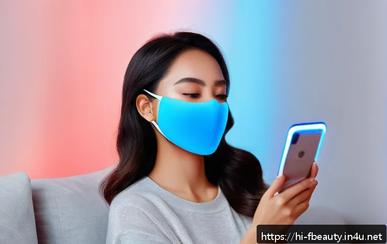 모바일 뷰티 디바이스 - A modern, stylish woman using a portable LED therapy facial mask in a cozy home setting, wearing com...