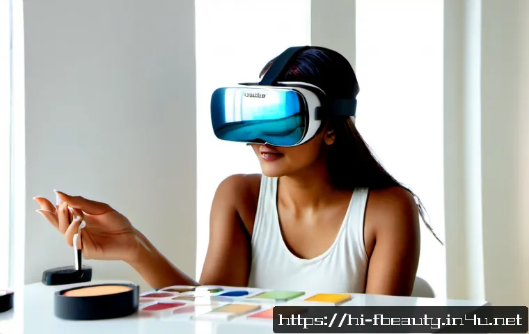 Home 17 VR 뷰티 체험 - Photorealistic Indian woman in her early 30s wearing a sleek virtual reality headset, seated at a br...