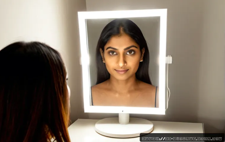 AI 뷰티 트렌드 - Photorealistic Indian woman in her 30s using an intelligent vanity mirror with subtle abstract facia...