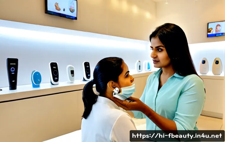 스킨케어 기기 시장 동향 - Photorealistic modern skincare device market scene in an elegant Indian beauty retail store, a middl...